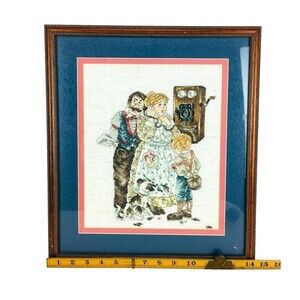 Vintage Embroidery Needlepoint Cross Stitch Crewel Family Dog People Telephone
